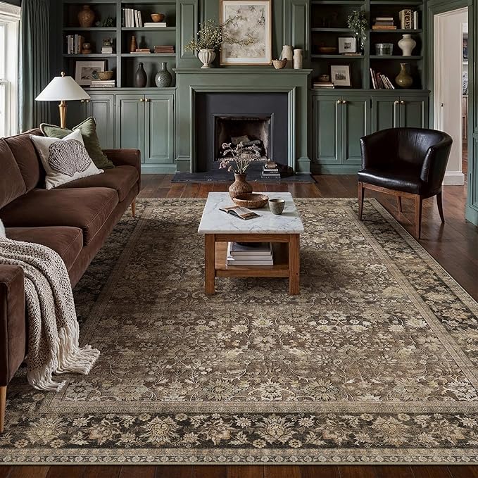 HUGEAR 8x10 Machine Washable Rugs Brown Hallway Large Area Rug Indoor Accent Rug Floral Low Pile Carpet Soft Throw Aesthetic Rug Bedroom Living Room Office Dining Room Kitchen Laundry Room