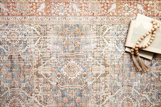 Loloi Layla Collection LAY-04 Ocean/Rust 5'-0" x 7'-6" .13" Thick Area Rug, Soft, Durable, Vintage Inspired, Distressed, Low Pile, Non-Shedding, Easy Clean, Printed, Living Room Rug
