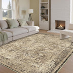 6x9 Area Rug Washable Vintage Neutral Living Room Carpet Large Indoor Non Slip Brown Bedroom Distressed Low Pile Retro Accent Throw Rug for Dining Room