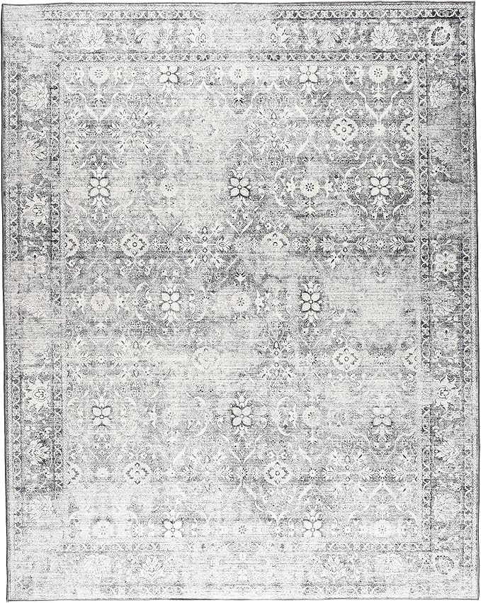 ReaLife Rugs Machine Washable Area Rug - Living Room Bedroom Bathroom Kitchen Entryway Office - Padded Low Pile Stain Resistant Premium - Boho Farmhouse Vintage - Noor - Silver Ivory 4' x 6'