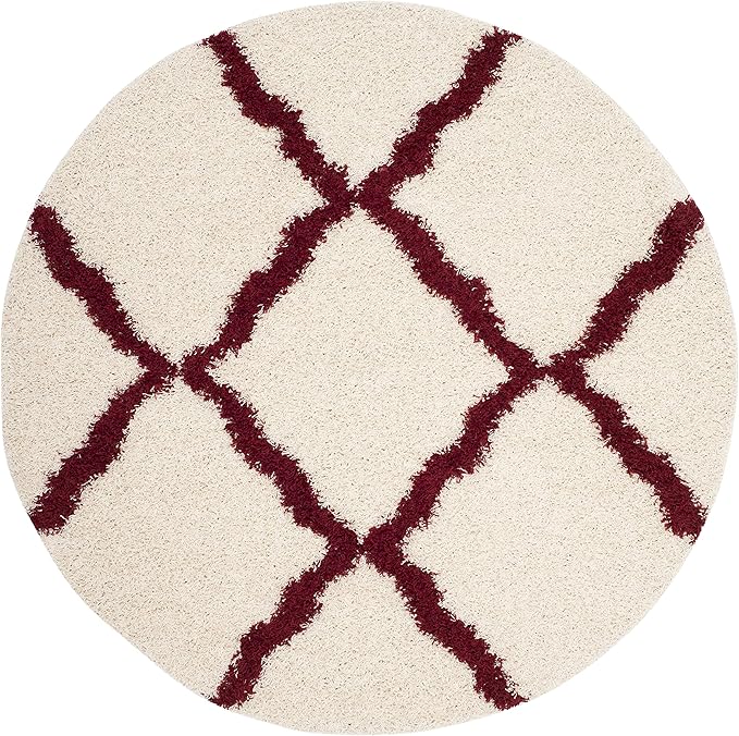SAFAVIEH Dallas Shag Collection Area Rug - 4' Round, Ivory & Red, Trellis Design, Non-Shedding & Easy Care, 1.5-inch Thick Ideal for High Traffic Areas in Living Room, Bedroom (SGD257R)