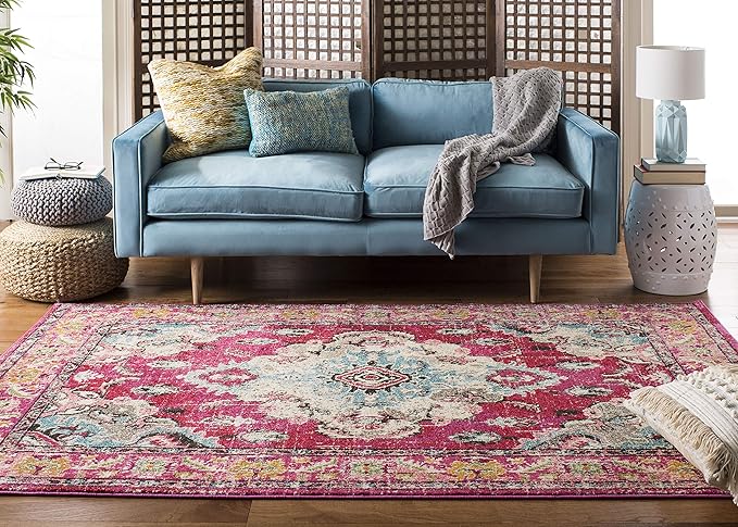 SAFAVIEH Monaco Collection Area Rug - 8' x 11', Pink & Multi, Boho Chic Medallion Distressed Design, Non-Shedding & Easy Care, Ideal for High Traffic Areas in Living Room, Bedroom (MNC243D)