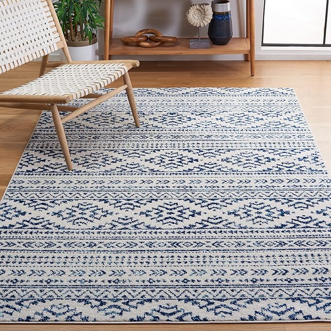 SAFAVIEH Tulum Collection Area Rug - 5' Square, Ivory & Navy, Moroccan Boho Tribal Design, Non-Shedding & Easy to Clean, Ideal for Living Room, Bedroom, Dining Space (TUL272D)