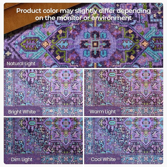 Kokia 8x10 Washable Area Rugs Violet Purple with Vintage Orient Design Soft Rug for Living Room or Bedroom Non-Slip Low Pile Stain Resistance Features Distressed Medallion Pattern