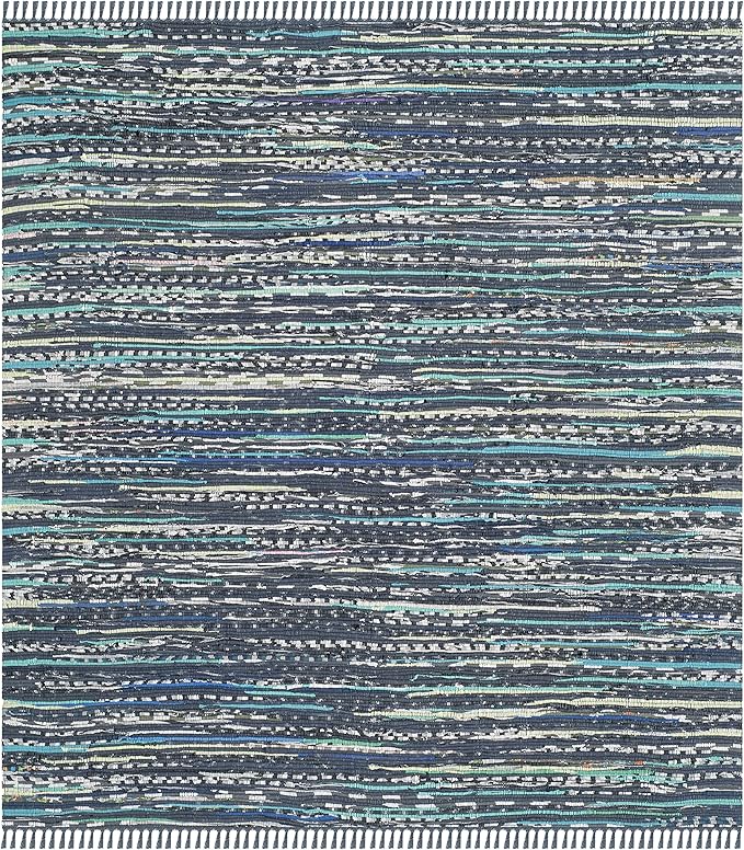 SAFAVIEH Rag Rug Collection Area Rug - 4' Square, Ink & Multi, Handmade Boho Stripe Cotton, Ideal for High Traffic Areas in Living Room, Bedroom (RAR121C)