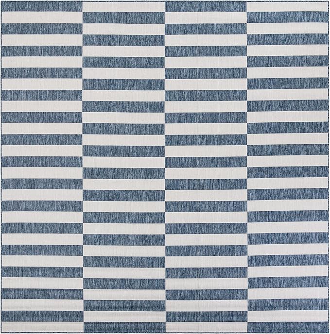 Unique Loom Outdoor Striped Collection Area Rug - Striped (10' Square Blue/Ivory)