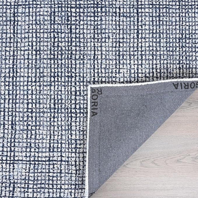 Hand-Tufted 100% Wool Pile Area Rug – Geometric Textured Grid Check Pattern – Thick and Durable Floor Carpet for Bedroom, Living Room, Kids Room, and Dining Area (Navy Blue, 9' x 13')