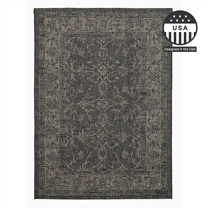 FH Home Outdoor Rug - Waterproof Easy to Clean Stain Resistant - Patio Indoor Outdoor Porch Deck Balcony Entryway - Vintage Distressed - Antalya - Gray - 5ft 2in x 7ft 6in