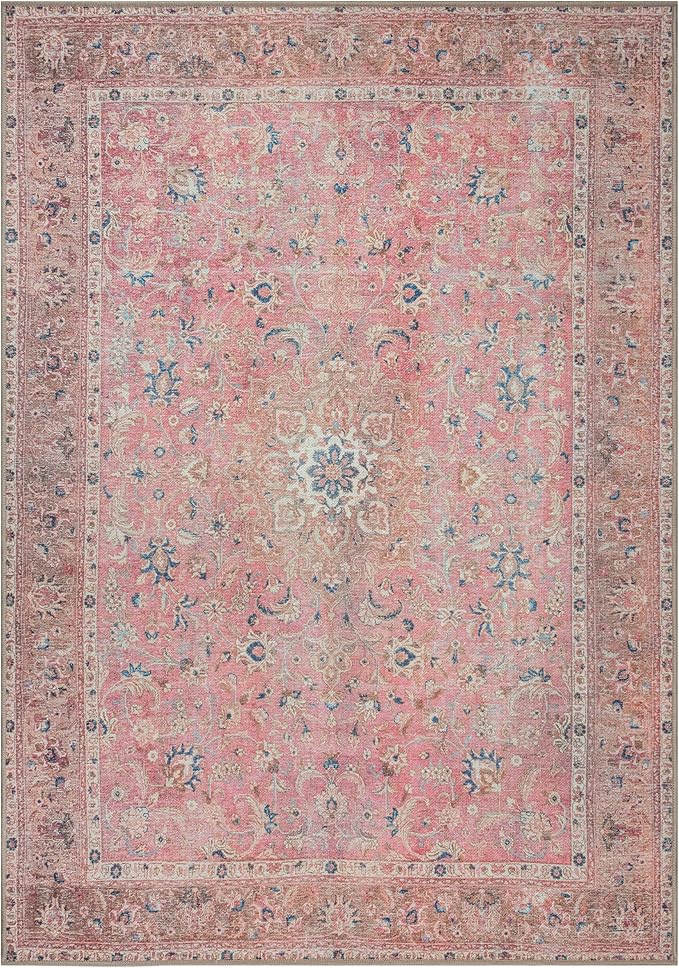 GLN Rugs Traditional Collection - Machine Washable Area Rug, Traditional Washable, Non Slip, Low Pile Chenille Rug, Living Room, Bedroom, Kitchen Rug (4' x 6' Pink/Cream)