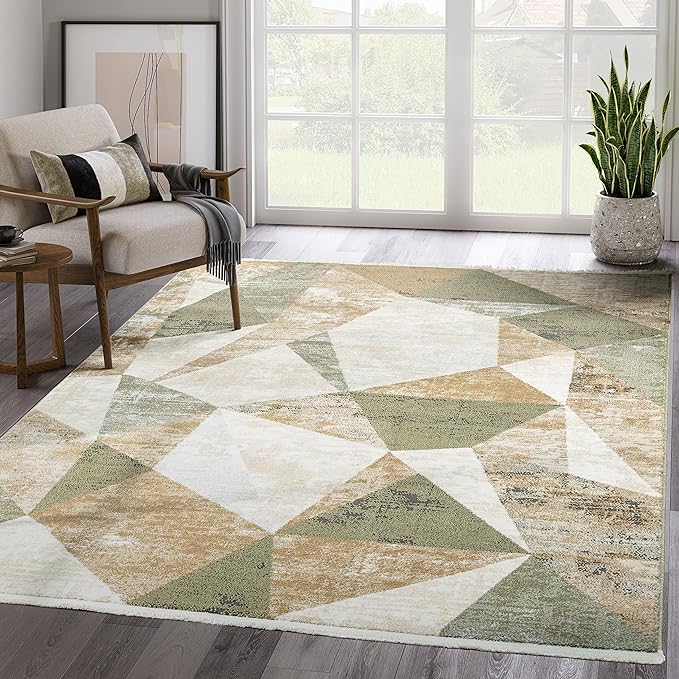 Abani Savoy Collection Area Rug - Green and Cream Geometric Design - 4'x6' - Easy to Clean - Durable for Kids and Pets - Non-Shedding - Medium Pile - Soft Feel - for Living Room, Bedroom, and Office