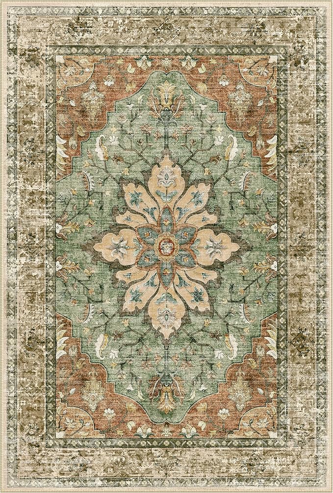 Area Rugs Square 4ft Washable Non-Slip, Floral Vintage Distress Print Pattern Medallion Carpet for Living Room Bedroom Dining Room, Brick Red Rust Neutral Brown Burnt Orange Green