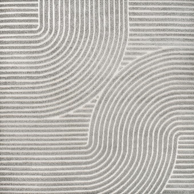 JONATHAN Y Hallie High-Low Curve Gray/Ivory 5x5 Square Indoor/Outdoor Area Rug, Minimalist, Pet Friendly, Non-Shedding, Stain Resistant, Hose-Washable for Backyard, Patio, Porch (SCN100A-5SQ)