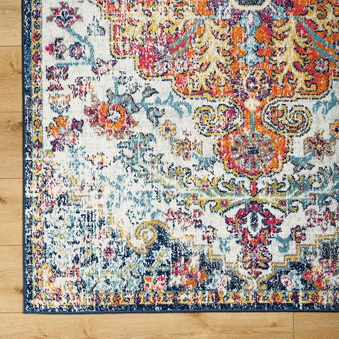 Livabliss Area Rugs - 12x18 Odelia Vintage Boho Aqua Off-White Blue Area Rug for Living Room Bedroom - Floral Medallion Stain Resistant Carpet for Kitchen, Nursery, Office (12' x 18')