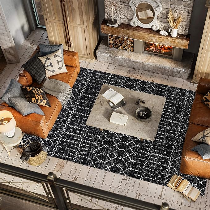 JONATHAN Y Boho Vintage Diamond Black/Ivory Indoor Area Rug 8X10 ft, Moroccan Hype for Living Room, Bedroom, Kitchen, Office, Easy-Cleaning, High Traffic, Pet-Friendly, Non-Shedding (MOH101D-8)