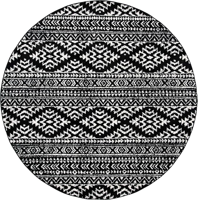 SAFAVIEH Tulum Collection Area Rug - 6'7" Round, Black & Ivory, Moroccan Boho Tribal Design, Non-Shedding & Easy to Clean, Ideal for Living Room, Bedroom, Dining Space (TUL272Z)