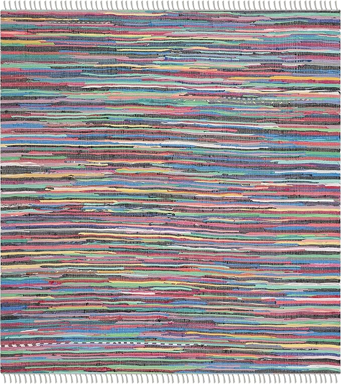 SAFAVIEH Rag Rug Collection Area Rug - 6' Square, Grey & Multi, Handmade Boho Stripe Cotton, Ideal for High Traffic Areas in Living Room, Bedroom (RAR121M)