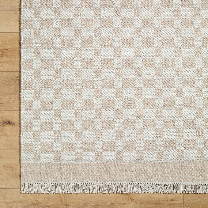Mark&Day Wool Rugs, 2x8 Clinten Solid and Border Tan Runner Checkered Rug, Tan Ivory Carpet for Hallway, Kitchen, Bedroom or Living Room (2'6" x 8' Runner)