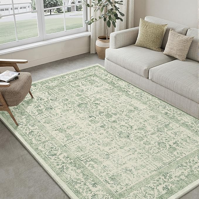 Sage Green Area Rug 8x10 Living Room Washable Carpet Vintage Distressed Non Slip Bedroom Carpet Neutral Low Pile Retro Floral Farmhouse Large Rug Home Office Dining Room Playroom