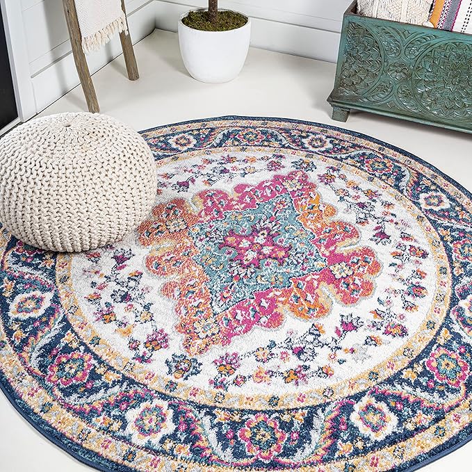 JONATHAN Y Boho Vintage Blue/Multi 4' Round Area Rug, Bohemian Flair Medallion, Floral Easy-Cleaning High Traffic for Living Room, Bedroom, Kitchen, Pet-Friendly, Non Shedding (BMF106A-4R)
