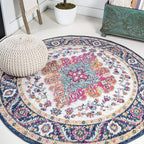 JONATHAN Y Boho Vintage Blue/Multi 8' Round Area Rug, Bohemian Flair Medallion, Floral Easy-Cleaning High Traffic for Living Room, Bedroom, Kitchen, Pet-Friendly, Non Shedding (BMF106A-8R)