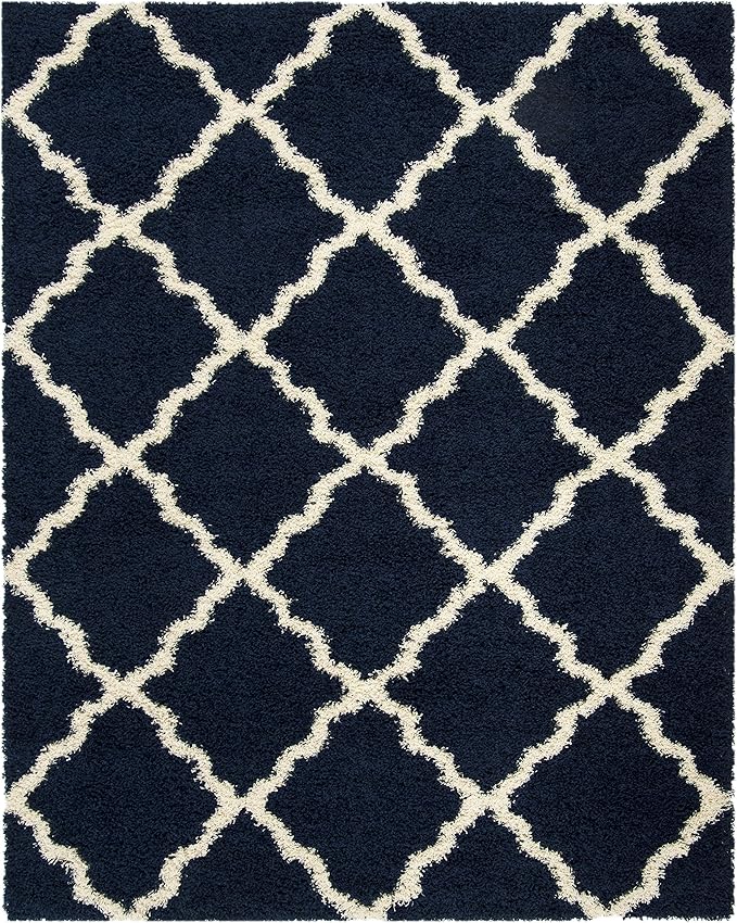 SAFAVIEH Dallas Shag Collection Area Rug - 8'6" x 12', Navy & Ivory, Trellis Design, Non-Shedding & Easy Care, 1.5-inch Thick Ideal for High Traffic Areas in Living Room, Bedroom (SGD257N)