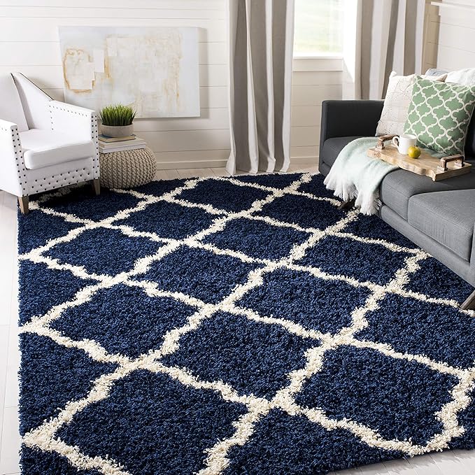 SAFAVIEH Dallas Shag Collection Area Rug - 4' Square, Navy & Ivory, Trellis Design, Non-Shedding & Easy Care, 1.5-inch Thick Ideal for High Traffic Areas in Living Room, Bedroom (SGD257N)