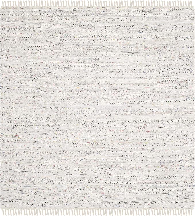 SAFAVIEH Rag Rug Collection Area Rug - 8' Square, Ivory & Multi, Handmade Boho Stripe Cotton, Ideal for High Traffic Areas in Living Room, Bedroom (RAR121G)