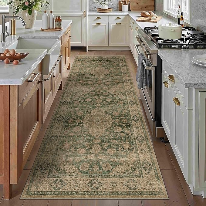HUGEAR 3x8 Runner Rug Hallway Machine Washable Retro Green Vintage Floral Low Pile Carpet Distressed Long Throw Rug Bedroom Office Bathroom Kitchen Laundry Non Slip Soft Lightweight