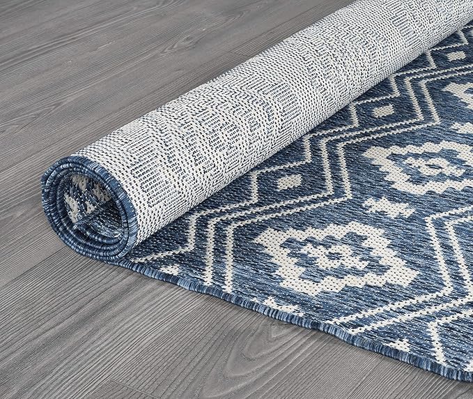 Beverly Rug Waikiki Boho Indoor Outdoor Rug 9x12, Washable Outside Carpet for Patio, Deck, Porch, Bohemian Area Rug, Farmhouse Rugs, Aztec Tribal Rug, Azure and White