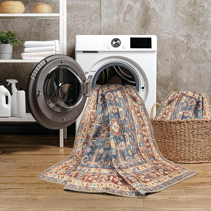GLN Rugs Traditional Collection - Machine Washable Area Rug, Traditional Washable, Non Slip, Low Pile Chenille Rug, Living Room, Bedroom, Kitchen Rug (3' x 5' Terra/Slate Blue)