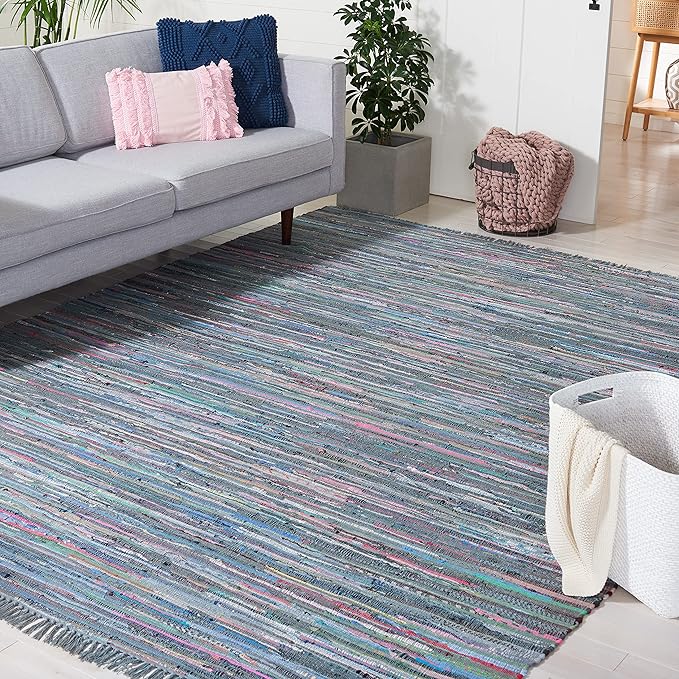 SAFAVIEH Rag Rug Collection Area Rug - 8' x 10', Aqua & Multi, Handmade Boho Stripe Cotton, Ideal for High Traffic Areas in Living Room, Bedroom (RAR121K)