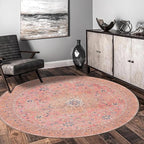 GLN Rugs Traditional Collection - Machine Washable Area Rug, Traditional Washable, Non Slip, Low Pile Chenille Rug, Living Room, Bedroom, Kitchen Rug (5'3" Round Pink/Cream)