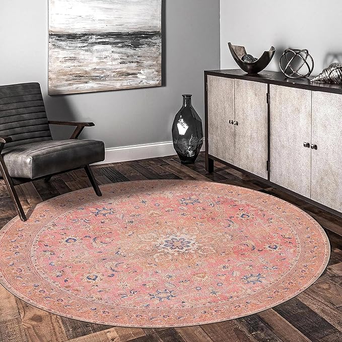 GLN Rugs Traditional Collection - Machine Washable Area Rug, Traditional Washable, Non Slip, Low Pile Chenille Rug, Living Room, Bedroom, Kitchen Rug (5'3" Round Pink/Cream)