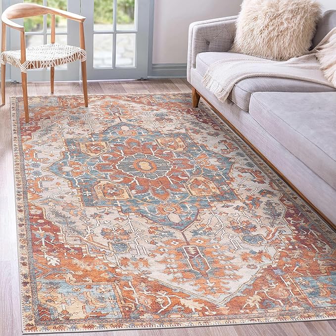 GLN Rugs Traditional Collection - Machine Washable Area Rug, Traditional Washable, Non Slip, Low Pile Chenille Rug, Living Room, Bedroom, Kitchen Rug (8' x 10' Cream/Terra)