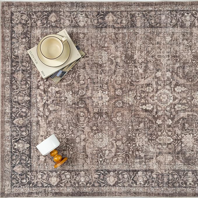 8x10 Brown Washable Area Rug for Living Room Bedroom Neutral Vintage Soft Non Slip Rug Low Pile Distressed Carpet for Dining Room Nursery Office Indoor