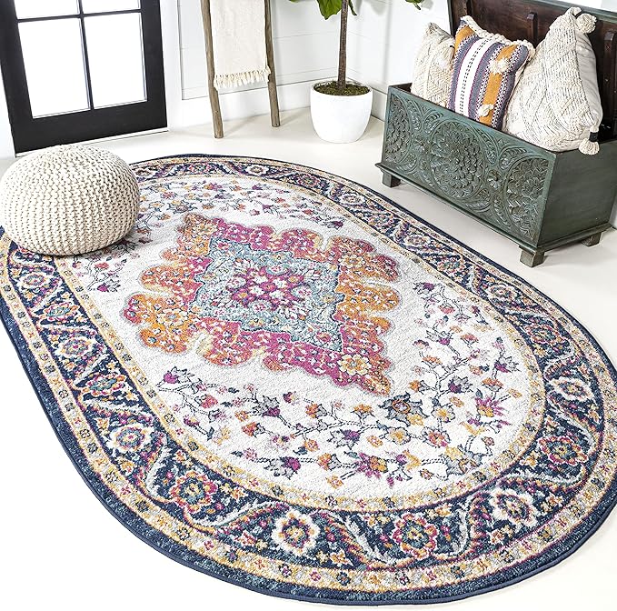 JONATHAN Y Boho Vintage Blue/Multi 4x6 Oval Area Rug, Bohemian Flair Medallion, Floral Easy-Cleaning High Traffic for Living Room, Bedroom, Kitchen, Pet-Friendly, Non Shedding (BMF106A-4OV)
