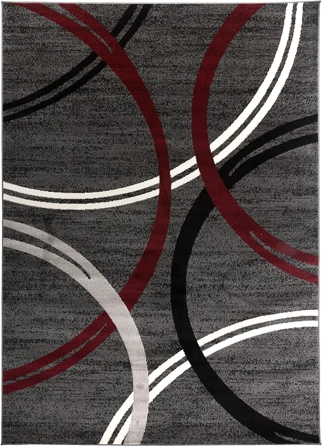 Rugshop Modern Wavy Circles Design Non-Shedding Area Rug, Carpet for Living Room or Dining Room, Red, 6'6" x 9'