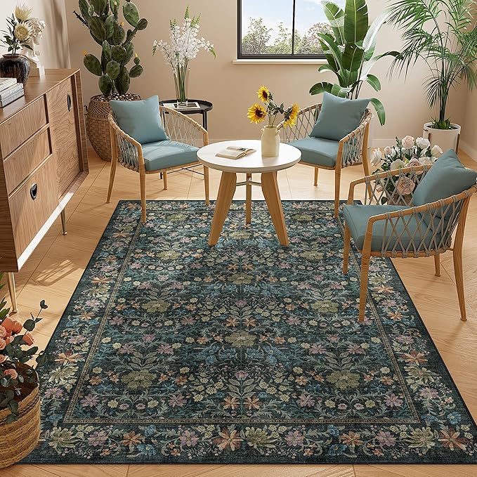 DUKINO 3x5 Area Rug, Vintage Floral Washable Rug for Bedroom with Non Slip Design, Soft Low Pile Indoor Small Carpet for Bedroom, Farmhouse, Living Room, Office, Bathroom, Blue