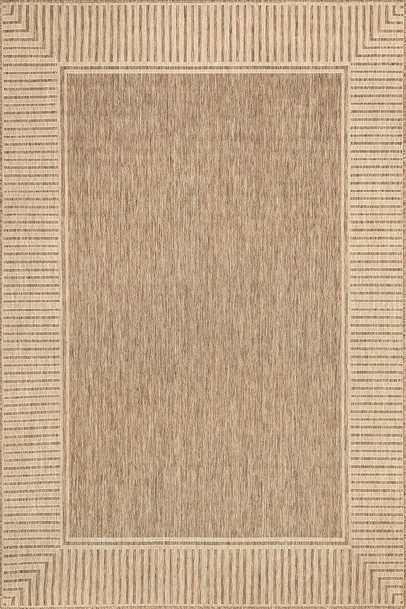 Nuloom Asha Light Brown/Ivory, 6'7" Square, Casual, Striped Border, Soft and Cozy, High Traffic, Stain Resistant, Easy Clean, Durable Area Rug for Indoor/Outdoor Patio, Deck, Porch, Garden, Courtyard