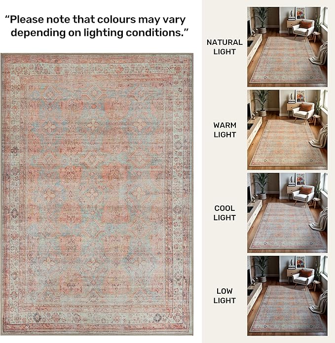 GLN Rugs Traditional Collection - Machine Washable Area Rug, Traditional Washable, Non Slip, Low Pile Chenille Rug, Living Room, Bedroom, Kitchen Rug (6' x 9' Terra/Multicolor 1153)