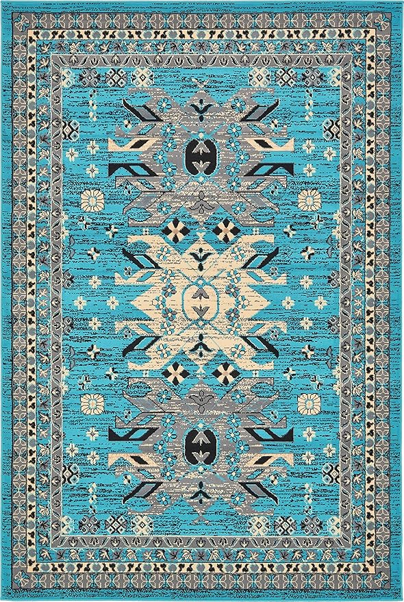 Unique Loom Taftan Collection Border Geometric Tribal Inspired Design Area Rug (6' 0 x 9' 0 Rectangular, Turquoise/ Gray)