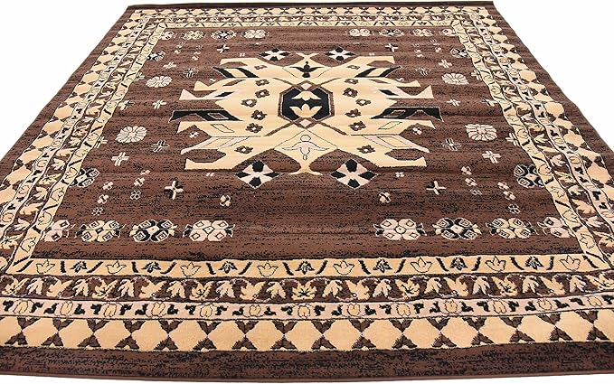 Unique Loom Taftan Collection Border Geometric Tribal Inspired Design Area Rug (8' 0 x 8' 0 Square, Brown/ Tan)