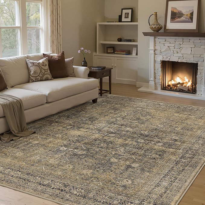 8x10 Brown Black Area Rug for Living Room Washable Vintage Distressed Carpet Large Bedroom Low Pile Non Slip Indoor Soft Retro Throw Accent Rug Office Kitchen Bathroom Dining Room