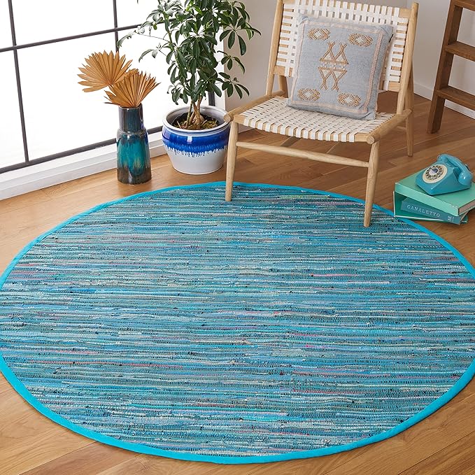 SAFAVIEH Rag Rug Collection 8' Round Blue/Multi RAR121B Handmade Boho Stripe Cotton Area Rug