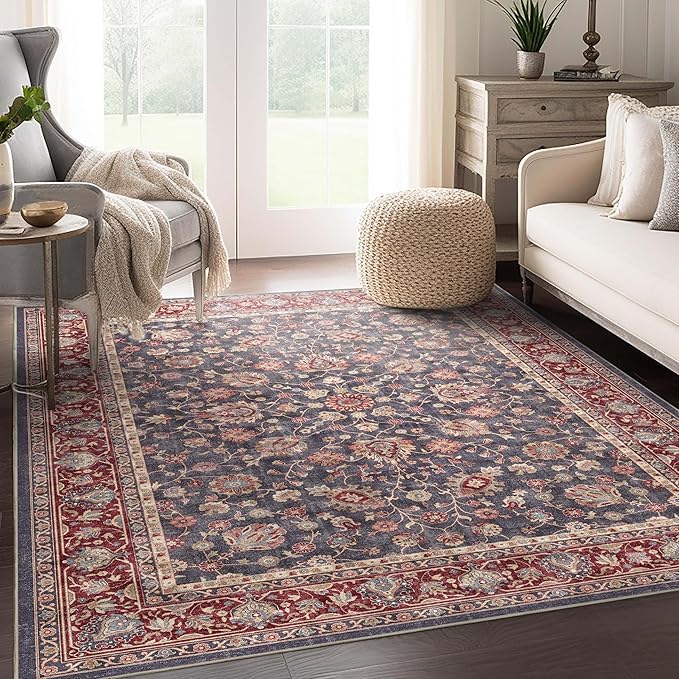 Well Woven Asha Rome Navy Blue Red 6' x 9' Area Rug - Oriental Floral Pattern, Easy Clean, Floor-Friendly Backing - for Living Room, Bedroom, and Dining Room