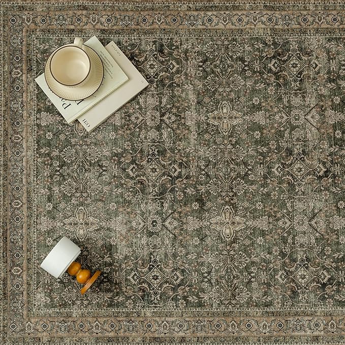 Entryway Area Rug 3x5 Green Brown Vintage Washable Office Carpet Traditional Distressed Indoor Entry Soft Non Slip Small Door Mat Retro Low Pile Thin Rug for Kitchen Laundry Bedroom