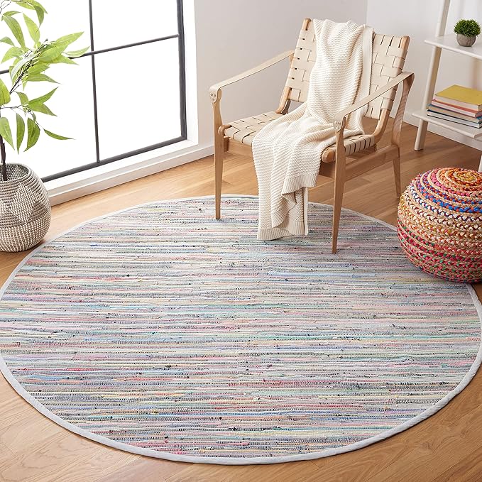 SAFAVIEH Rag Rug Collection 6' Round Grey/Multi RAR121M Handmade Boho Stripe Cotton Area Rug