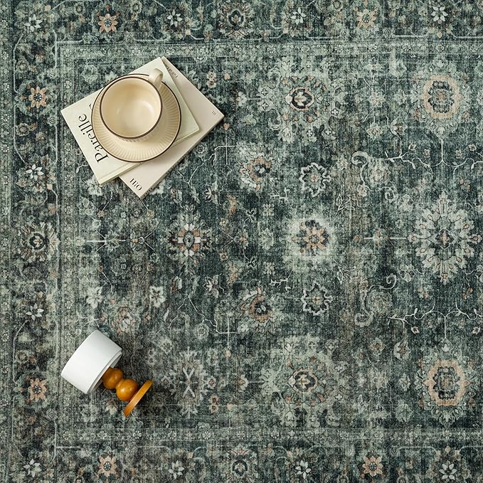 2x3 Washable Area Rug for Entryway Green Vintage Non-Slip Low Pile Distressed Rustic Carpet Lightweight Vacuumable Inoor Door Mat Soft Small Throw Rug for Entrance Bathroom