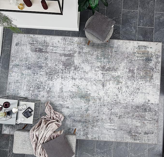 GLN Rugs Contemporary Collection - Machine Washable Area Rug, Contemporary Washable, Non Slip, Low Pile Chenille Rug, Living Room, Bedroom, Kitchen Rug (5' x 7' Grey/Green)