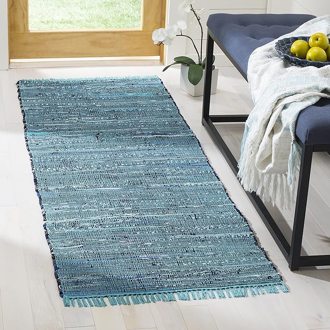 SAFAVIEH Rag Rug Collection Runner Rug - 2'3" x 14', Blue & Multi, Handmade Boho Stripe Cotton, Ideal for High Traffic Areas in Living Room, Bedroom (RAR121B)